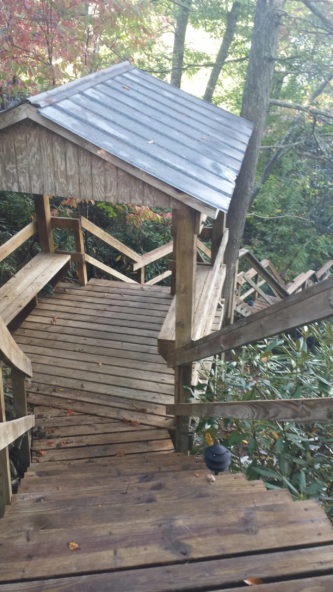 Metal roofed shelter over wooden steps on a wooded walkway — Skylight Repair & Installation work by our crew in Suwannee